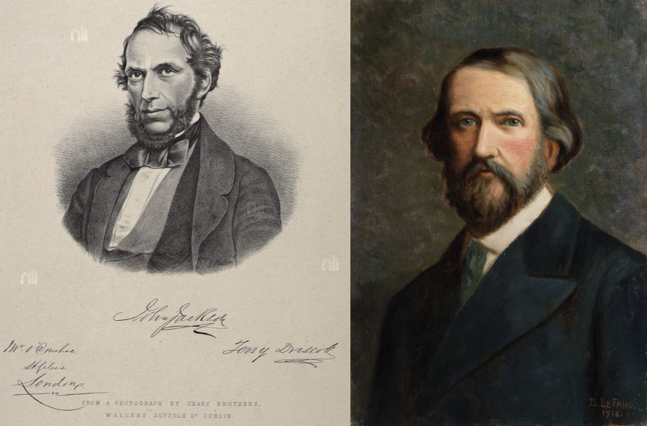 Photograph of Jackson
        and portrait of Le Fanu by his son